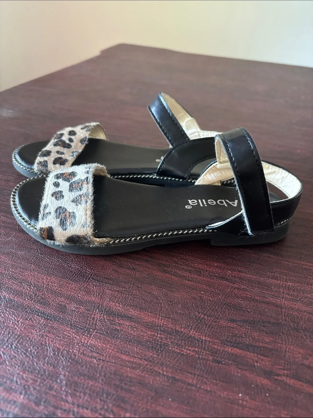 Abeila Girls' Black Sandals with Leopard Print Front Strap
